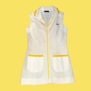 Vintage David Crystal Lacoste Tennis Dress White Yellow Zip Front Mod Womens L